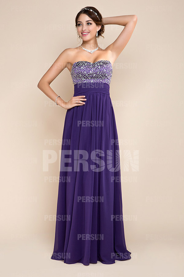 Elegant Strapless Beadings Purple Chiffon Floor Length Formal Dress