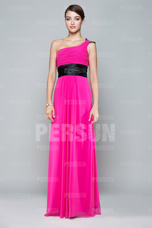 Modern One Shoulder Pink Chiffon Floor Length Prom Dress