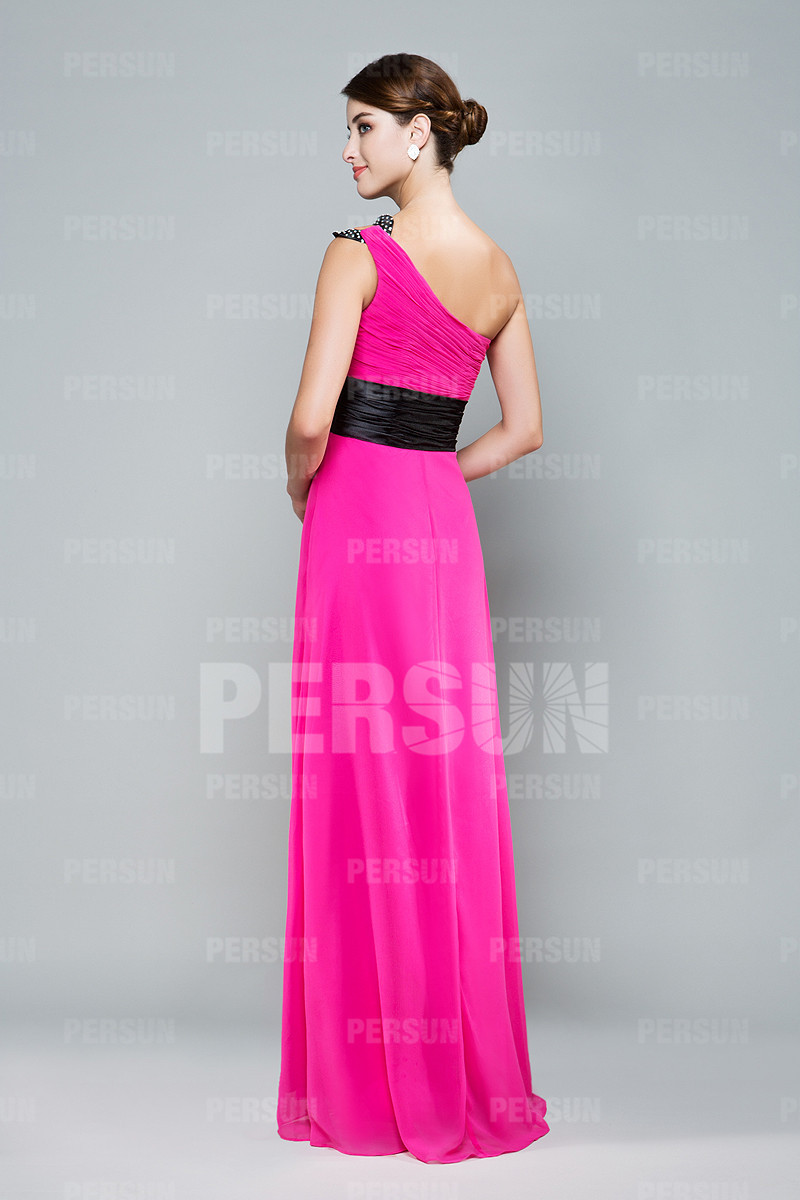 Modern One Shoulder Pink Chiffon Floor Length Prom Dress