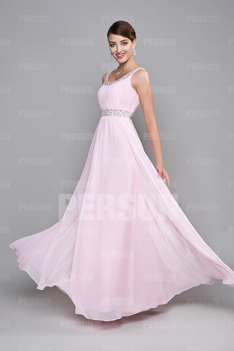 Moder Pink Strap Beading Floor Length Prom Dress