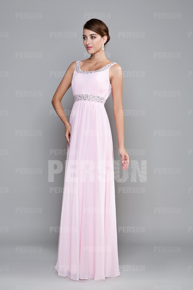 Moder Pink Strap Beading Floor Length Prom Dress