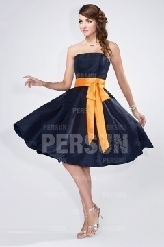 Chic Orange Sash Blue Tone Short Formal Bridesmaid Dress