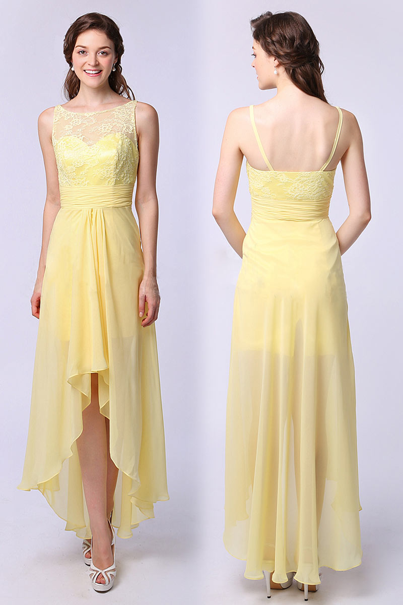 New Long Yellow Bateau High Low Lace Formal Bridesmaid Dress