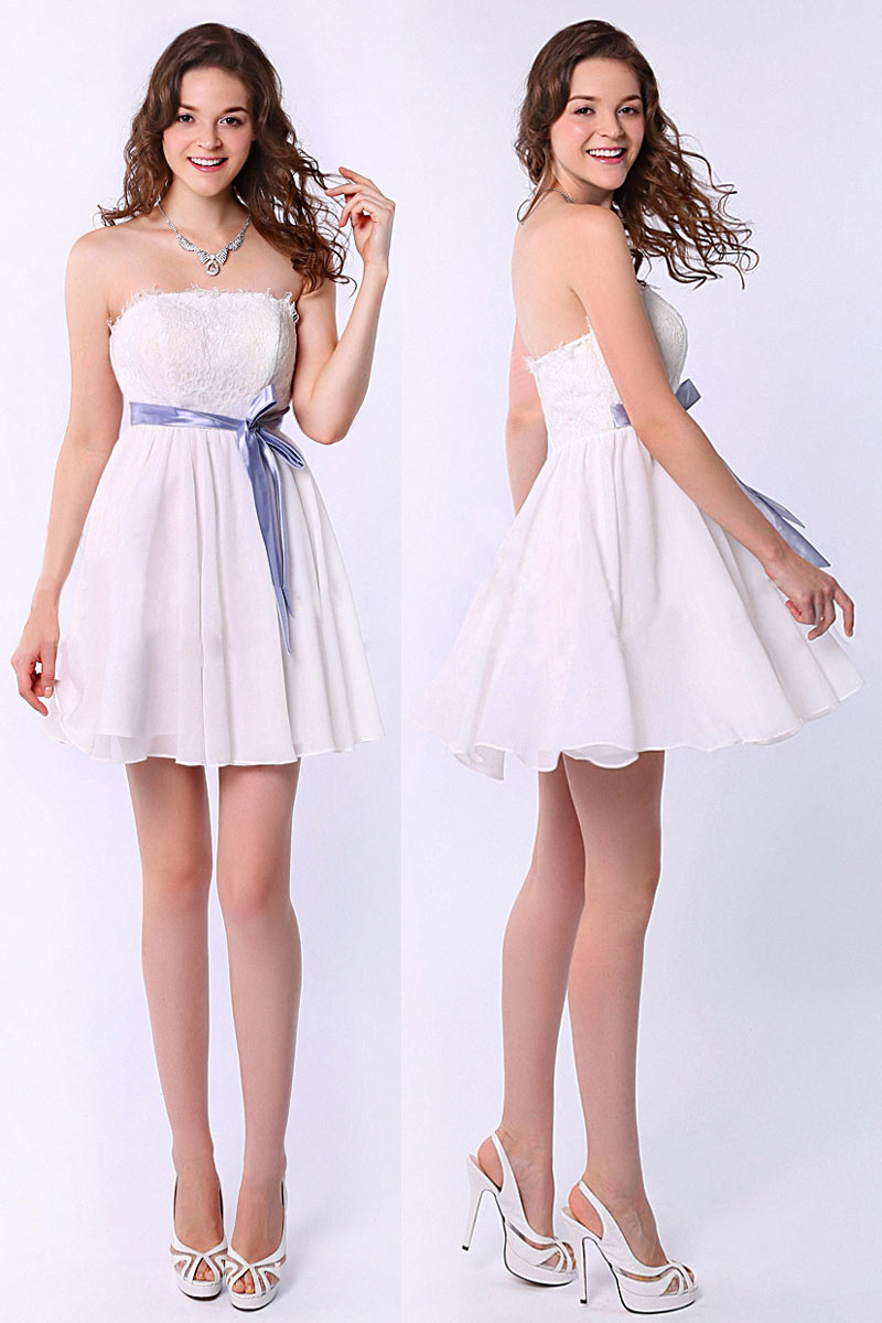 Chic White A Line Strapless Short Sleeved Lace Formal Bridesmaid Dress