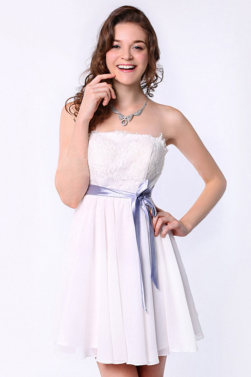 Chic White A Line Strapless Short Sleeved Lace Formal Bridesmaid Dress