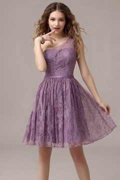 Elegant Purple One Shoulder Knee Length Lace Bridesmaid Dress