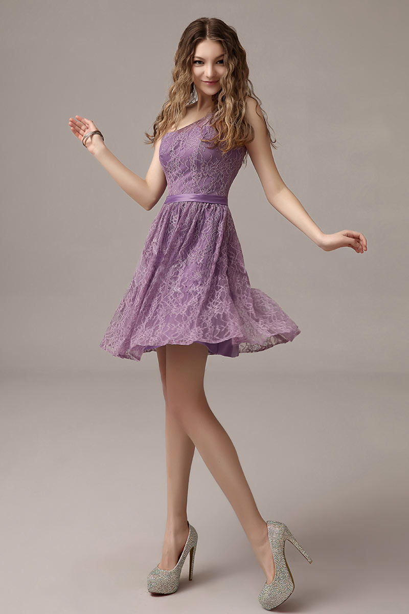 Elegant Purple One Shoulder Knee Length Lace Formal Bridesmaid Dress