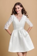 Sexy Ivory V Neck Short Lace Prom Gown with Sleeves