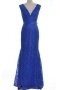 Sexy Blue Column V Neck Ribbon Long Lace Formal Dress