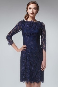 Blue Column Jewel Short Lace Mother of the Bride Dress with Sleeves