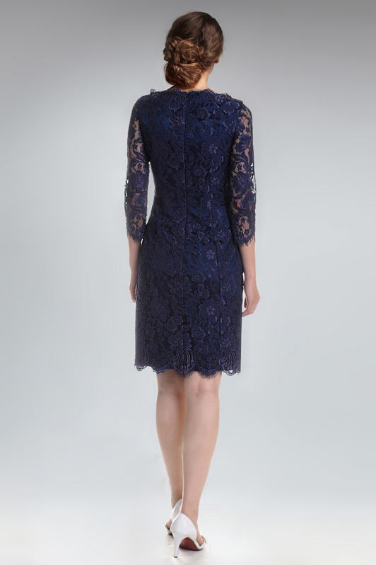 Blue Column Jewel Short Lace Formal Dress With Sleeves