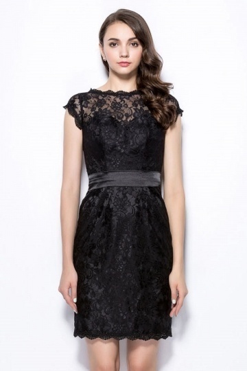 Dressesmall New Black Column Bateau Short Lace Formal Bridesmaid Dress With Sleeves