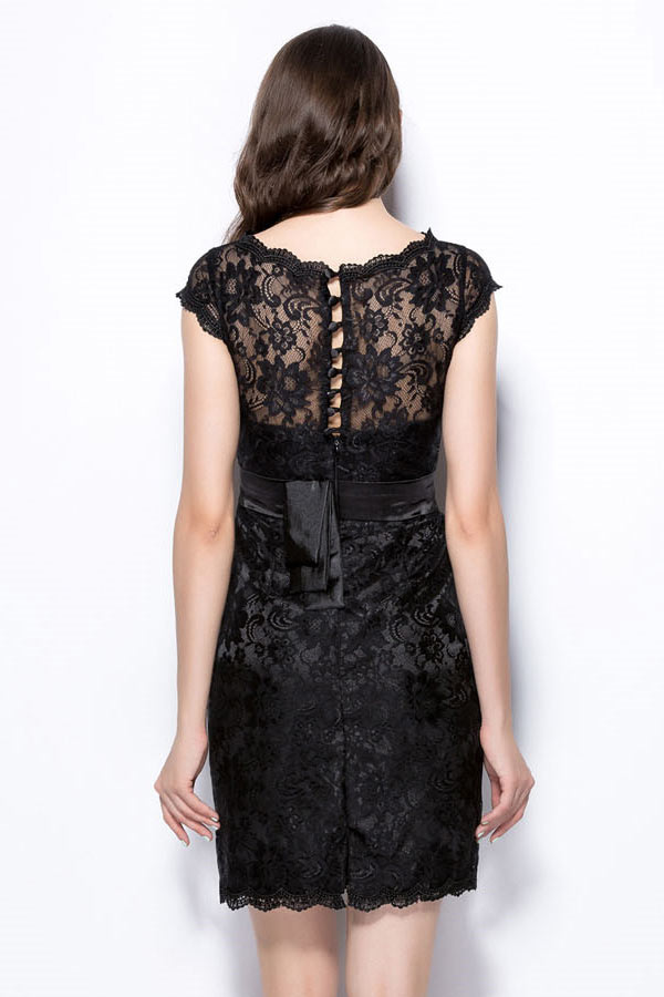 New Black Column Bateau Short Lace Formal Bridesmaid Dress With Sleeves
