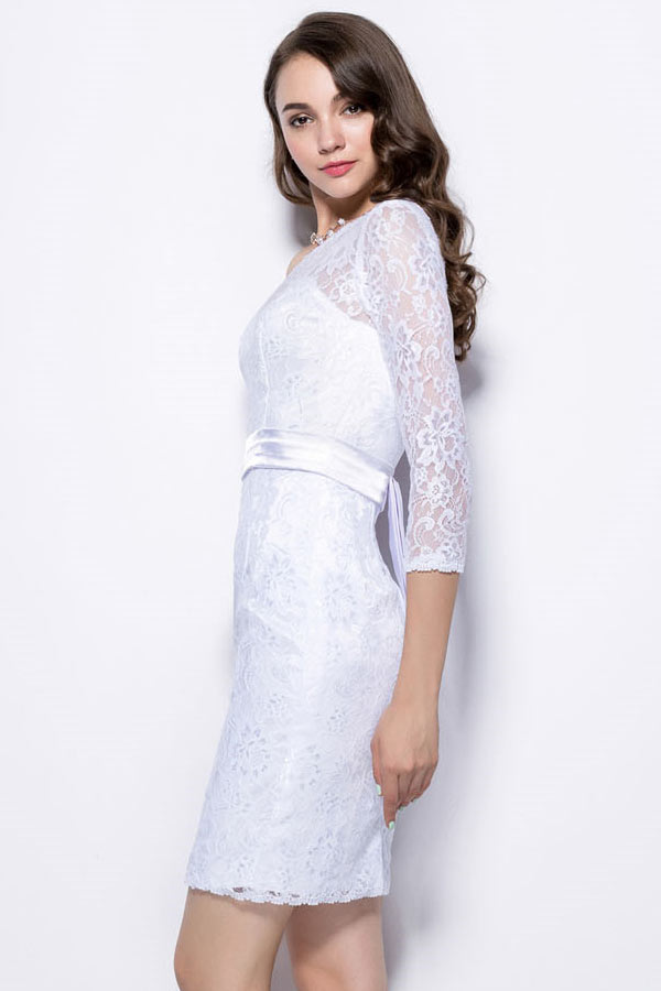 Elegant Column One Shoulder White Lace Formal Dress With Sleeves