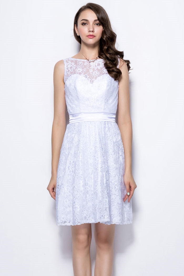 Modern White Bateau A Line Short Backless Lace Formal Bridesmaid Dress