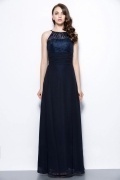 Sexy Blue Scoop A Line Long Ruching Lace Formal Bridesmaid Dress