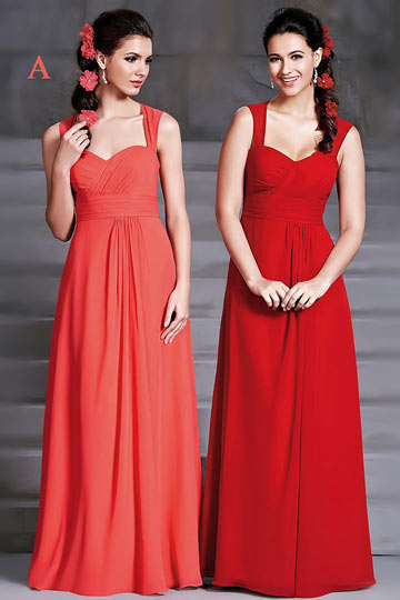 Dressesmall Modern A Line Straps Ruching Chiffon Long Red Formal Bridesmaid Dress