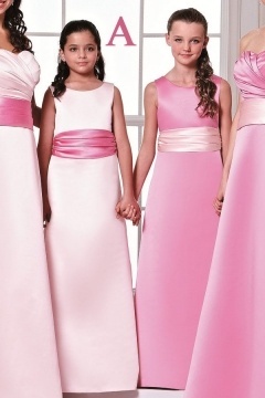 Simple Satin Sleeveless Sash Pink Long Junior Formal Bridesmaid Dress