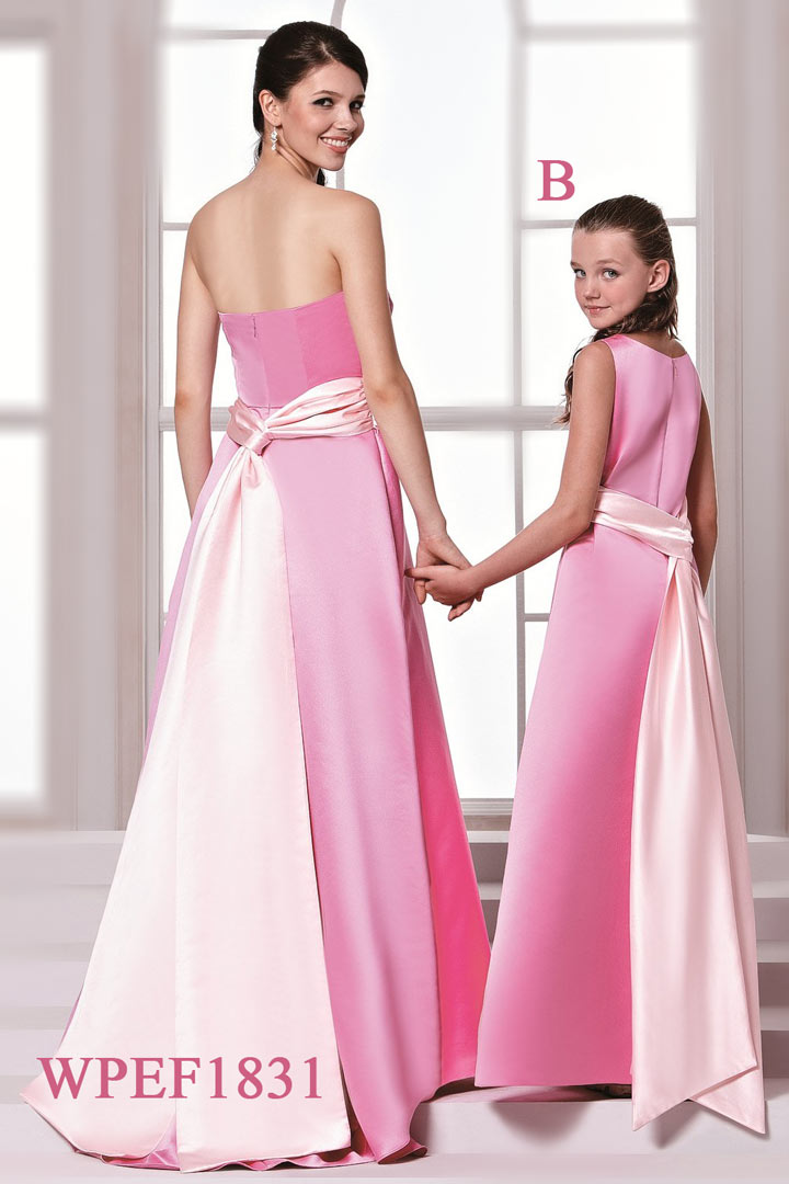 Simple Satin Sleeveless Sash Pink Long Junior Formal Bridesmaid Dress