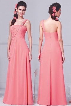 Modern One Shoulder Ruching Chiffon Floor Length Pink Formal Bridesmaid Gown