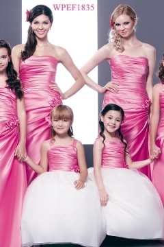 Modern Satin Strapless Ruching A Line Long Pink Formal Bridesmaid Dress