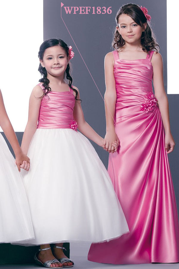 Chic Straps Sleeveless Satin Flower Pink Junior Formal Bridesmaid Dress