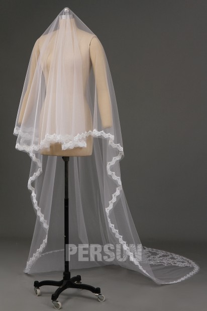 Cathedral Length One Tier Applique Wedding Veil