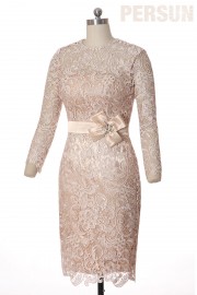Modest Champagne Sheath Lace Overlay Short Dress with Long sleeves
