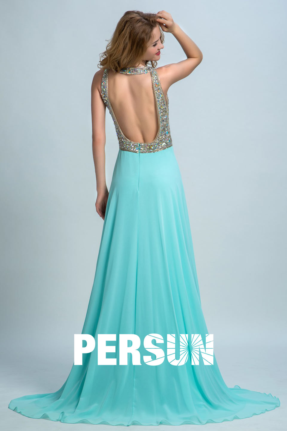 Sexy Sequins Backless Prom Long Prom Gown Persun