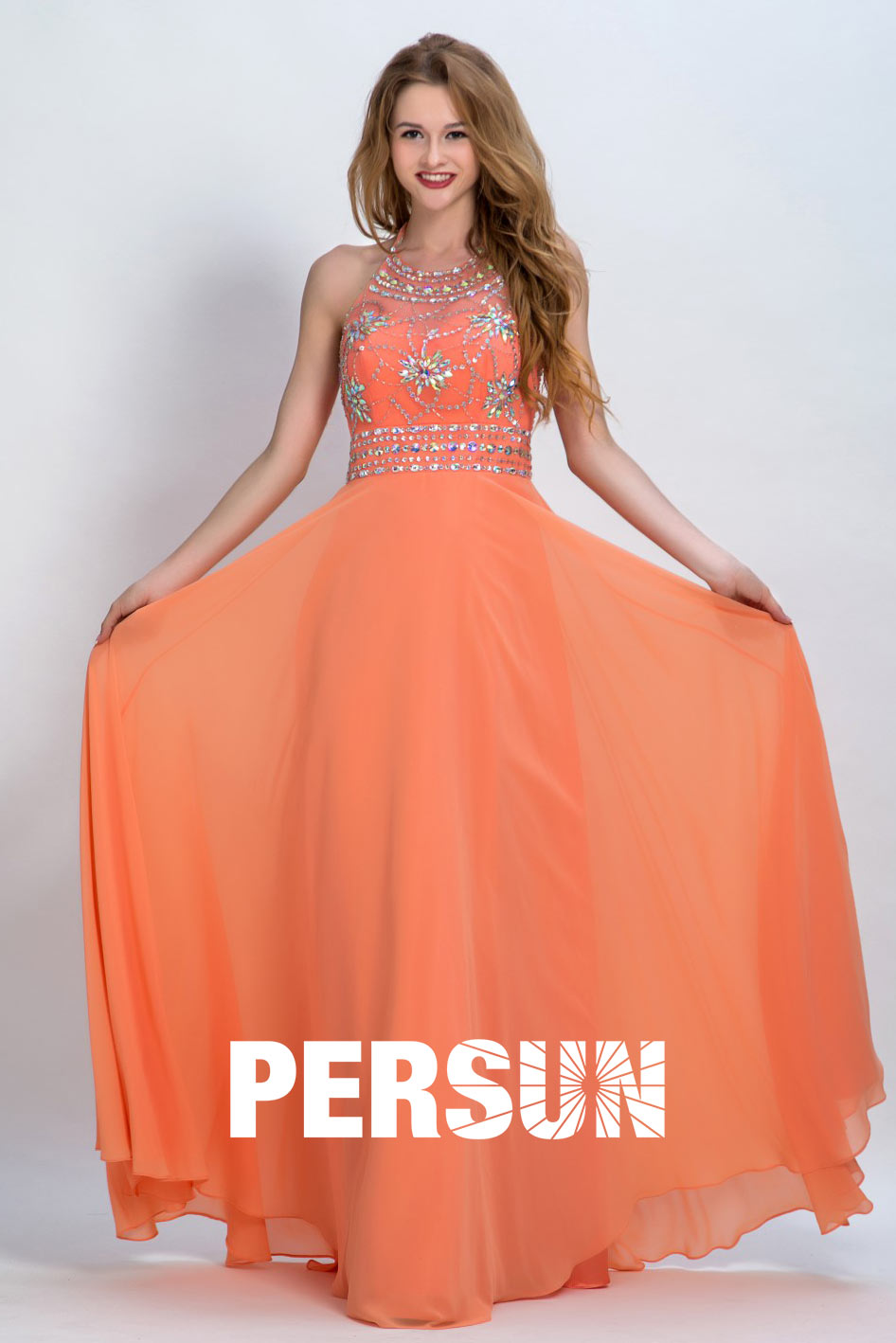 Persun Sexy Backless Flower Long Prom Dress