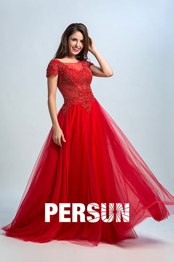 Dressesmall Persun Vintage Red Sleeved Embroidery Prom Dress