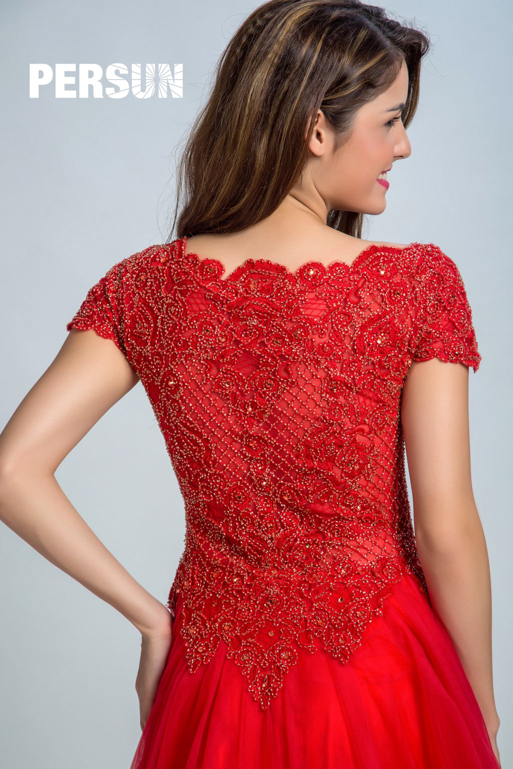 Persun Vintage Red Sleeved Embroidery Prom Dress