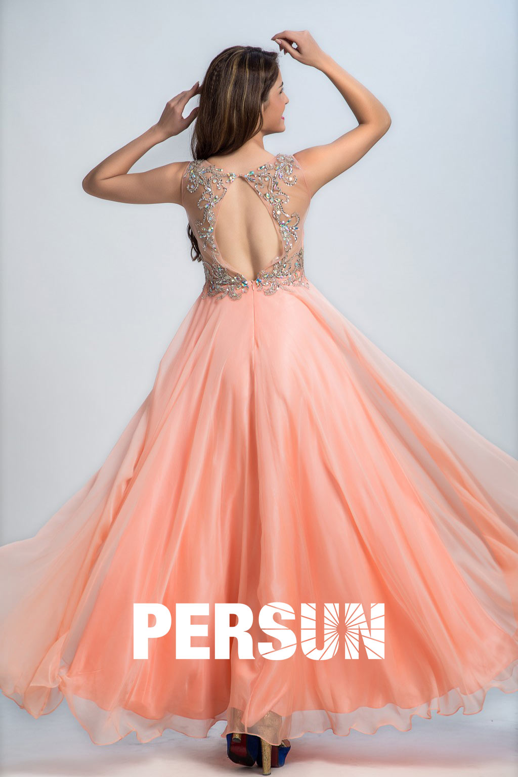 Persun Sexy Backless Flower Long Prom Dress
