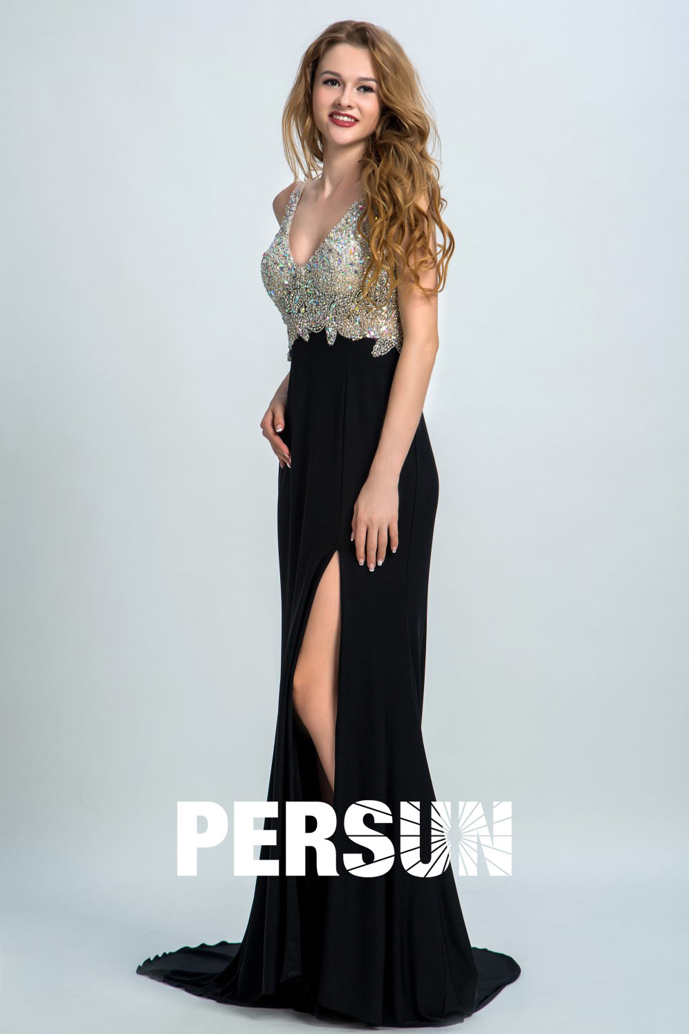 Persun Mermaid V Neck Crystal Details Backless Prom Dress