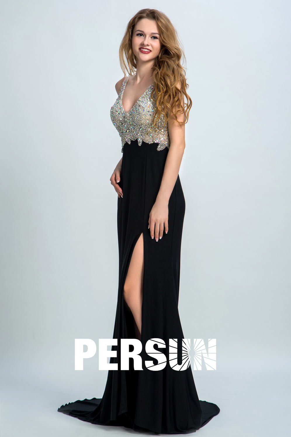 sheath V Neck slit evening Dress with straps adorned with rhinestones Mousseline below black silver