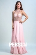 Sexy Halter Rückenfrei A-Linie lang Abendkleider in Pink