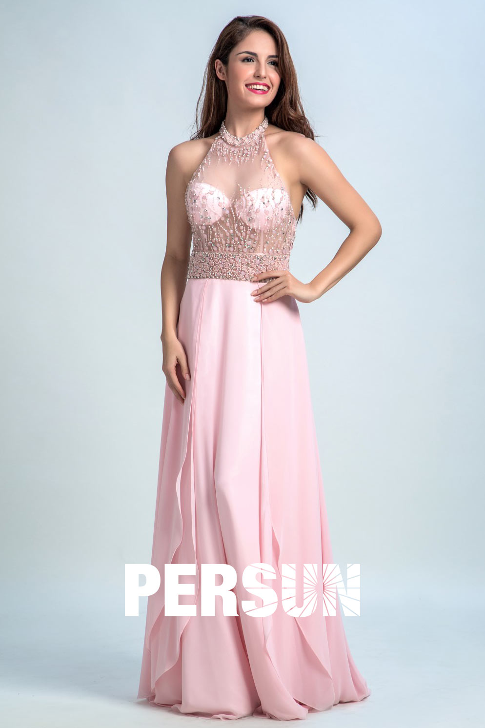 Persun Sexy Sheer Backless Crystal Details Long Prom Dress