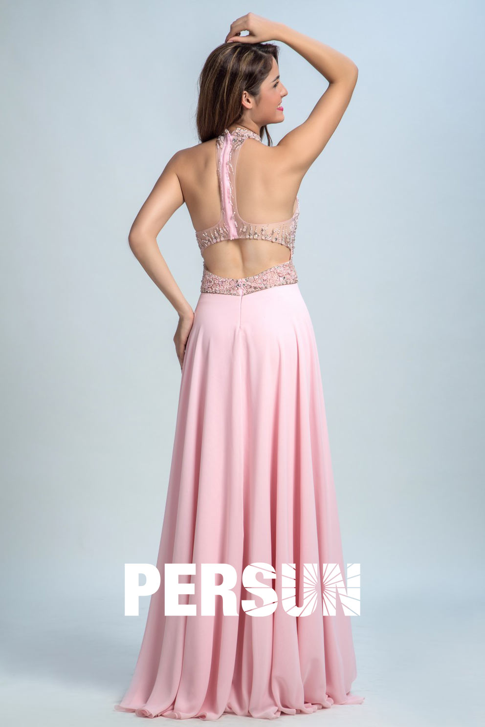 Persun Sexy Sheer Backless Crystal Details Long Prom Dress