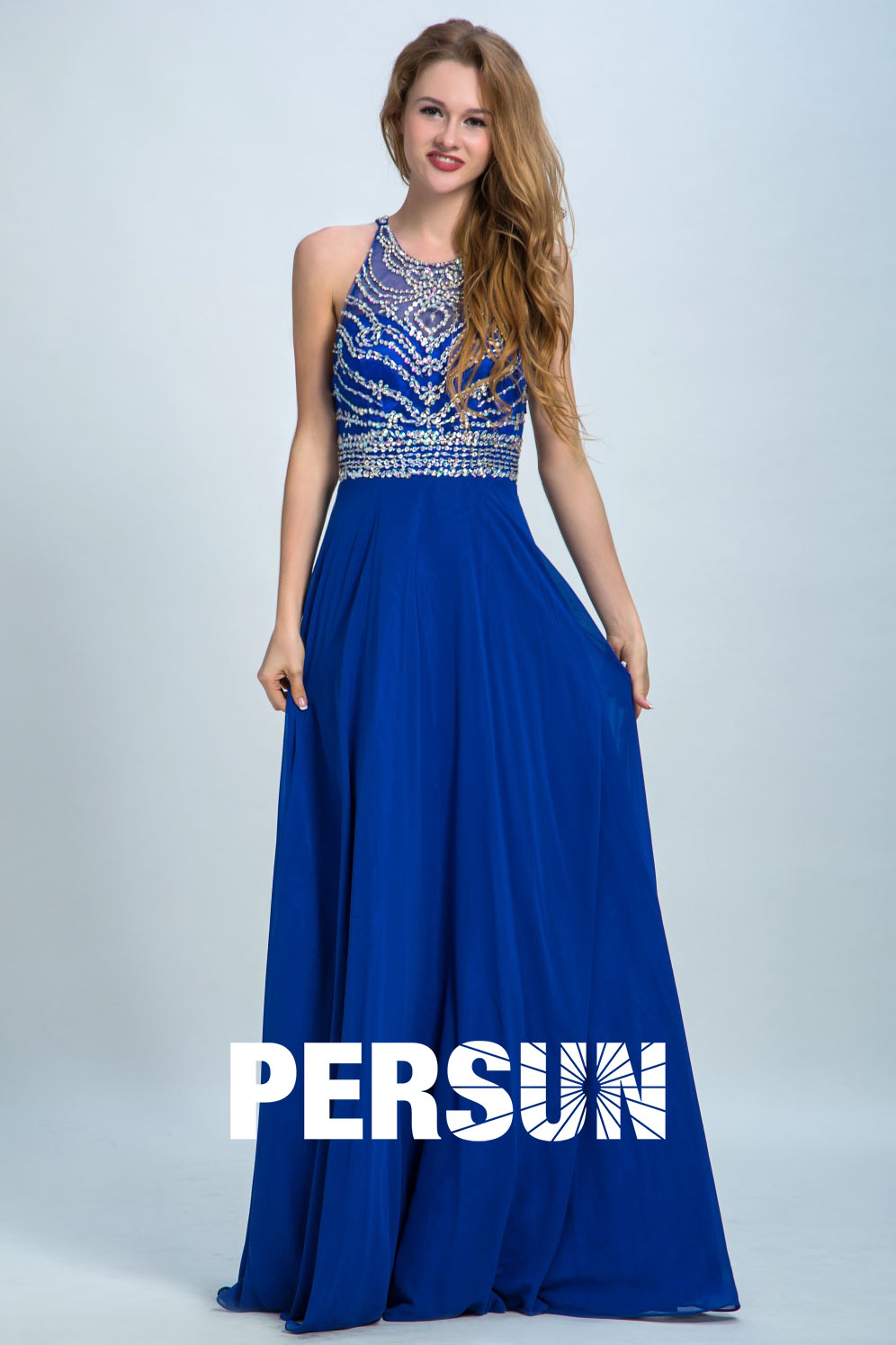 Persun Elegant Backless Crystal Details Long Prom Dress