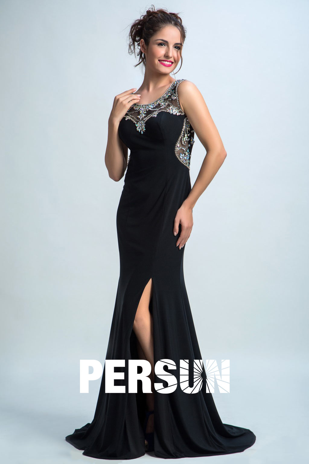 Persun Chic Crystal Side Slit Mermaid Long Prom Gown