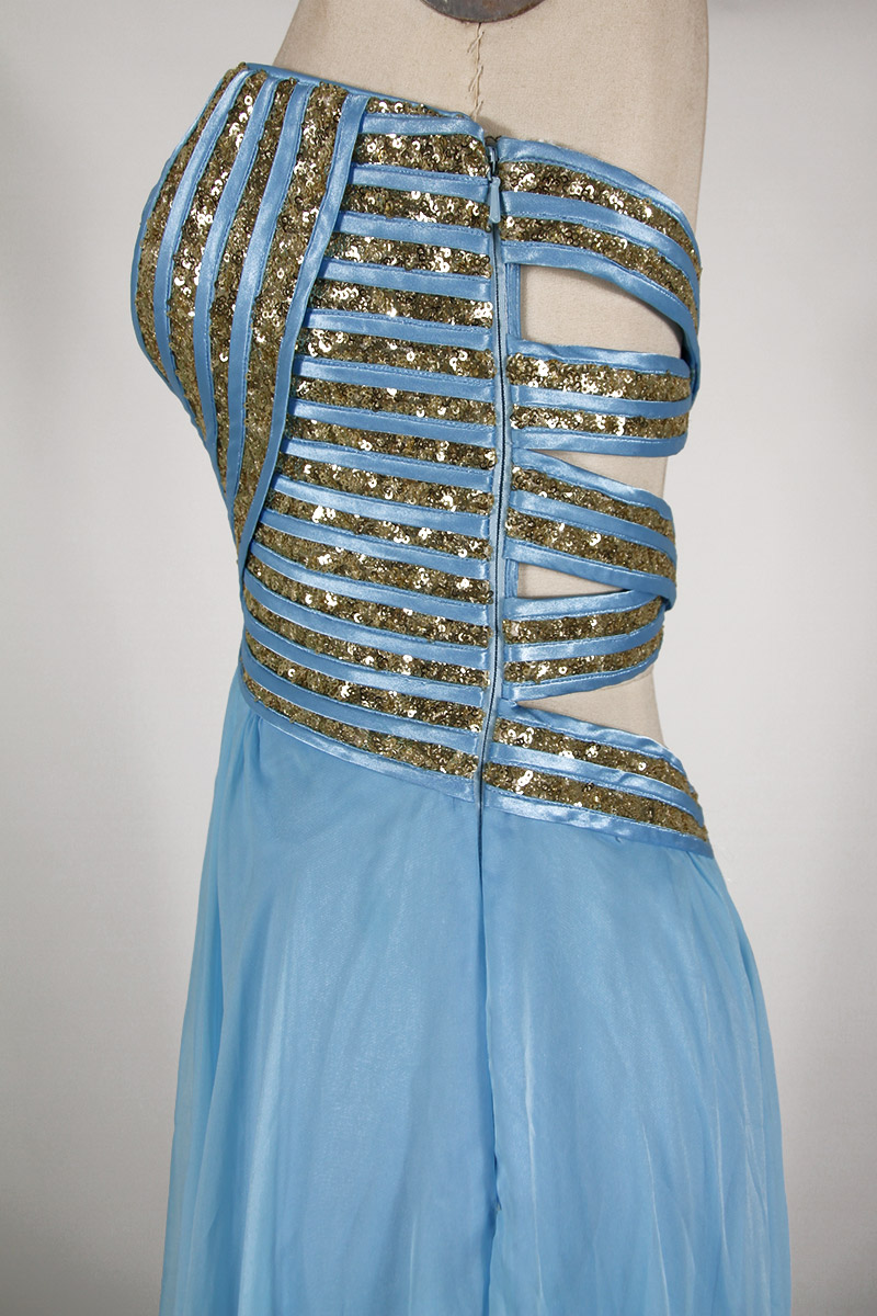Sequined Strapless Back Criss Cross Chiffon Blue Long Formal Dress