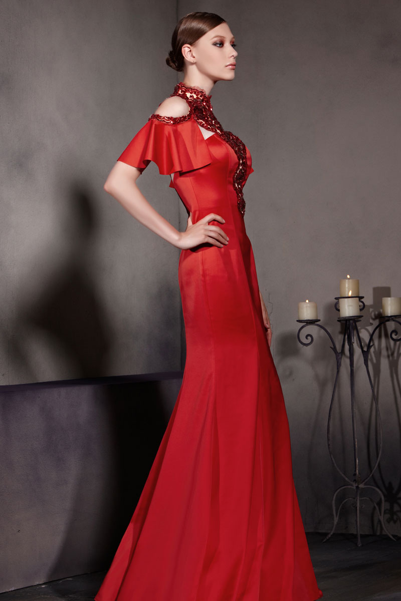 Gorgeous Red Satin Trumpet Short Sleeves Floor Length Formal Dress