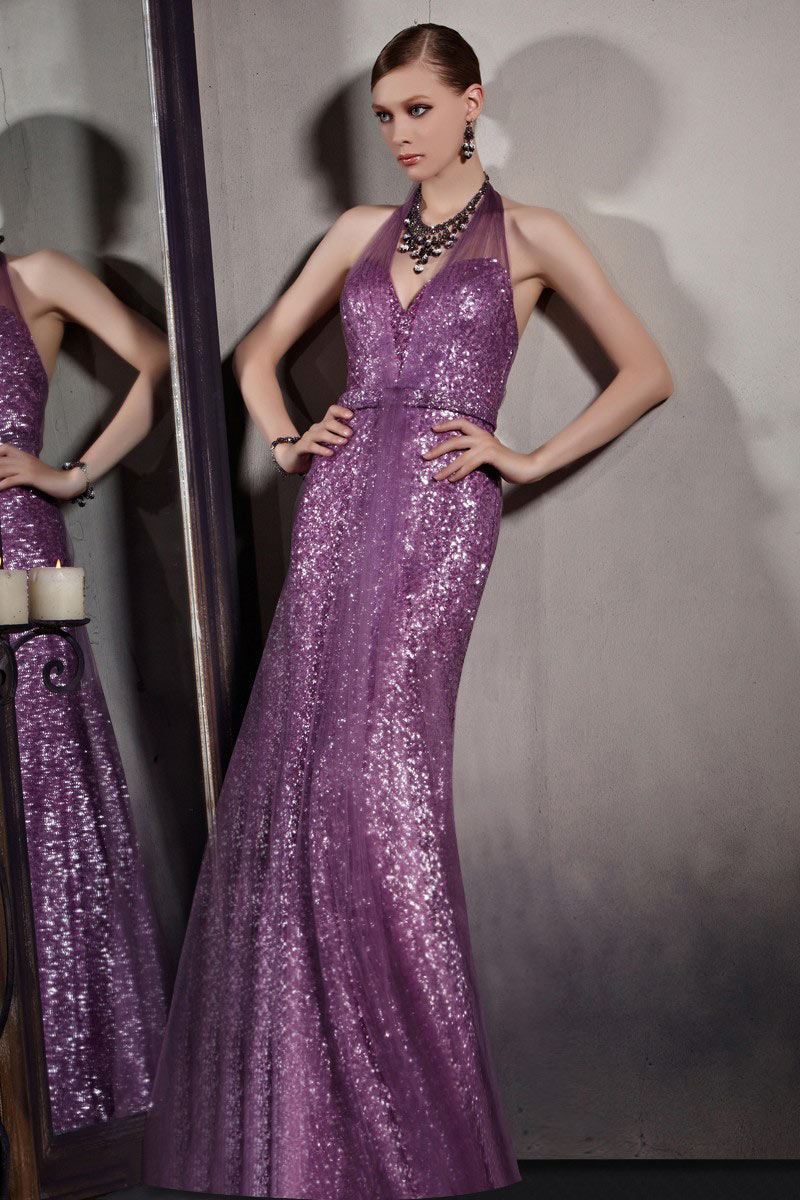 Purple Tone Sequins Halter Backless Zipper Floor Length Formal Dress