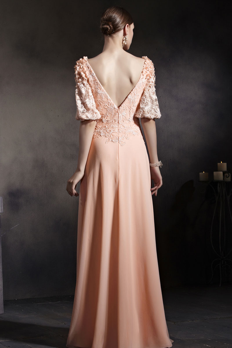 Beautiful Orange Tone Half Sleeves Appliques Chiffon Floor Length Prom Dress