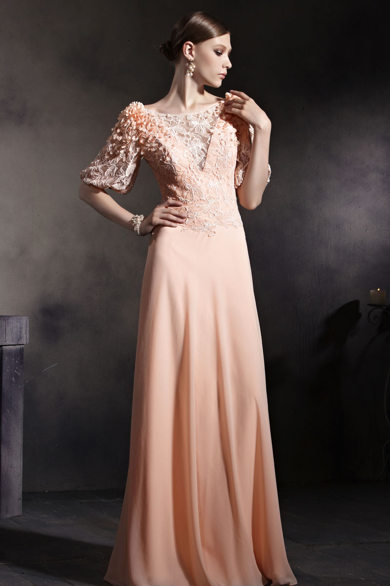 Beautiful Orange Tone Half Sleeves Appliques Chiffon Floor Length Prom Dress