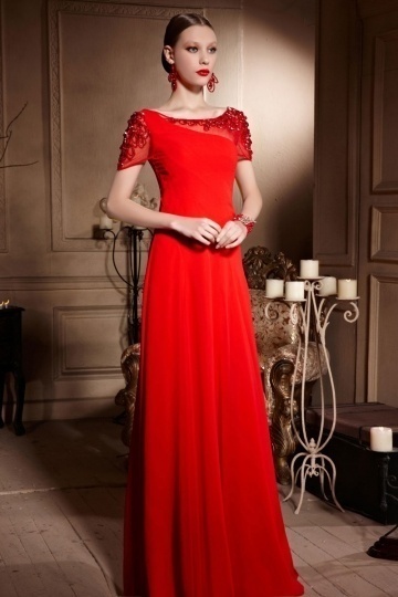 Dressesmall Red Chiffon Beading Short Sleeves Floor Length Long Formal Dress