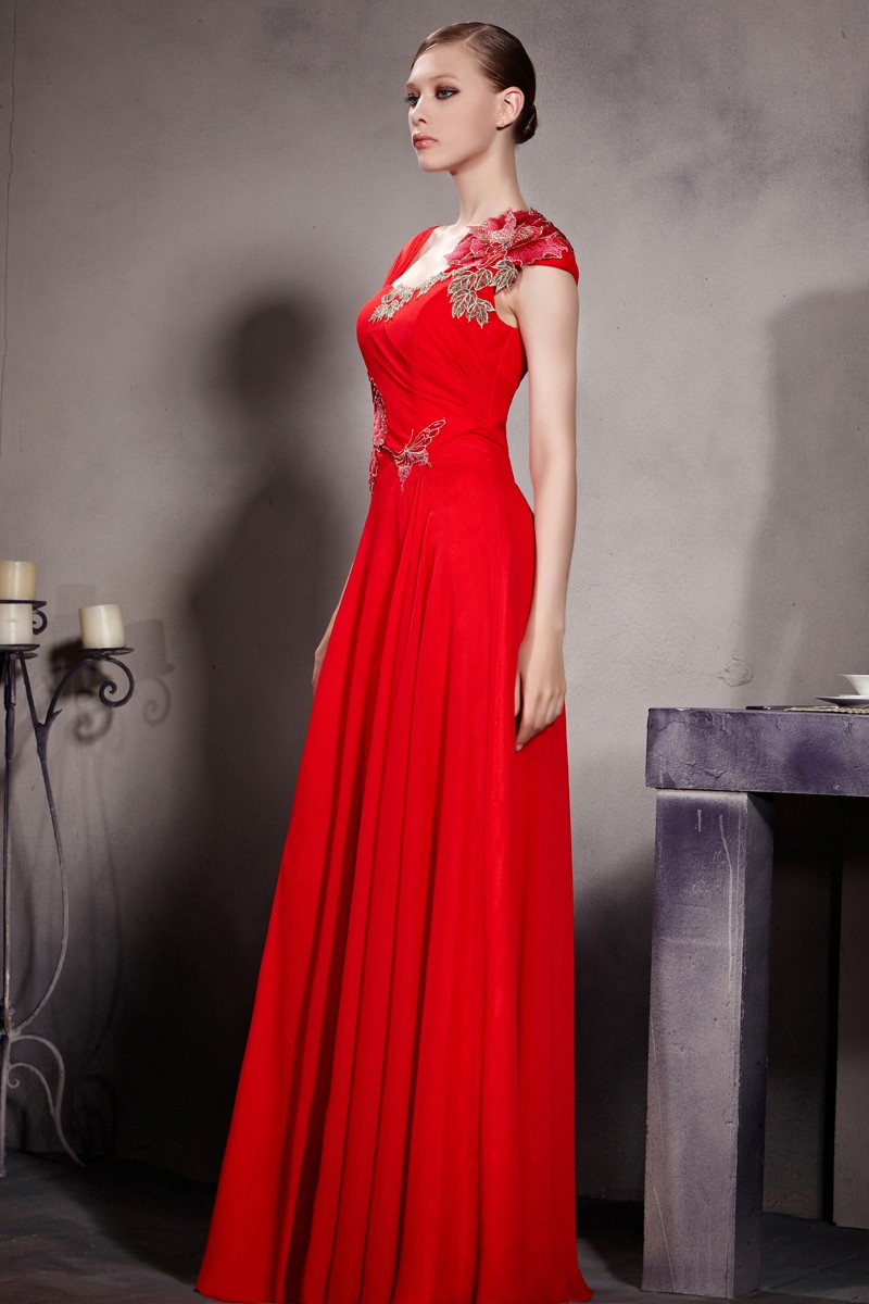 Simple Red Embroidery Sleeveless Chiffon Floor Length Prom Dress