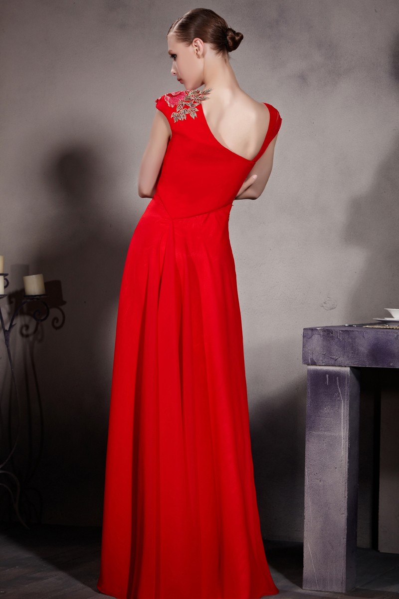 Simple Red Embroidery Sleeveless Chiffon Floor Length Prom Dress