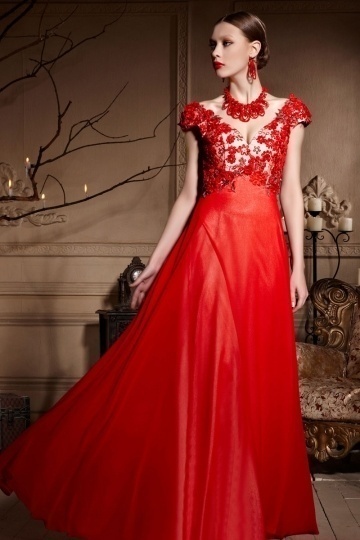 Dressesmall Sexy Red Appliques Backless Cap Sleeves Chiffon Long Prom Dress