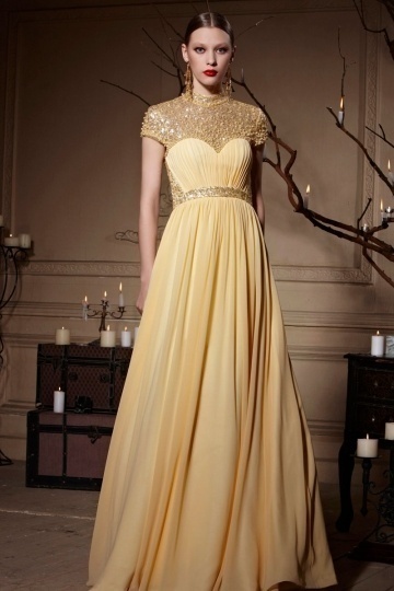 Dressesmall Yellow Tone Jewel Neckline Sheer Back Zipper Chiffon Long Prom Dress